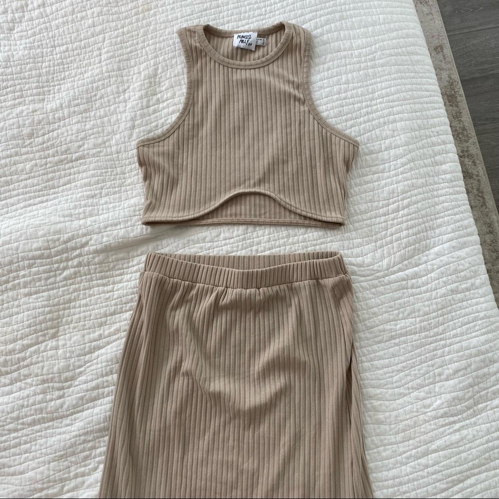 PrettyLittleThing Beige Ribbed Two-Piece Dress